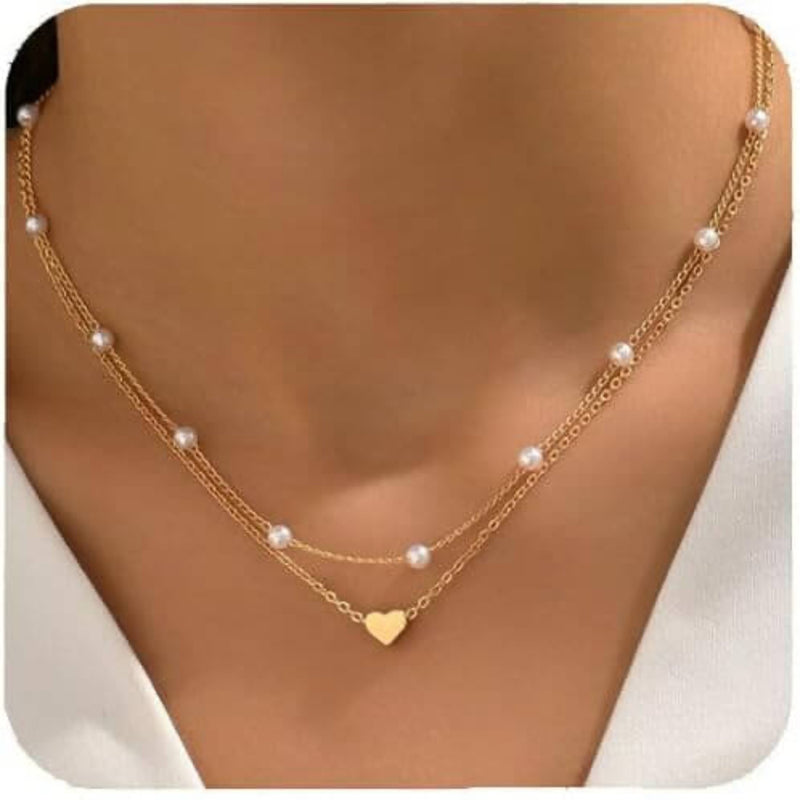 Layered Pearl & Heart Charm Necklace - Iqlat Jewels