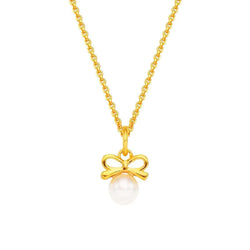 Delicate Gold Bow Pearl Necklace - Iqlat Jewels